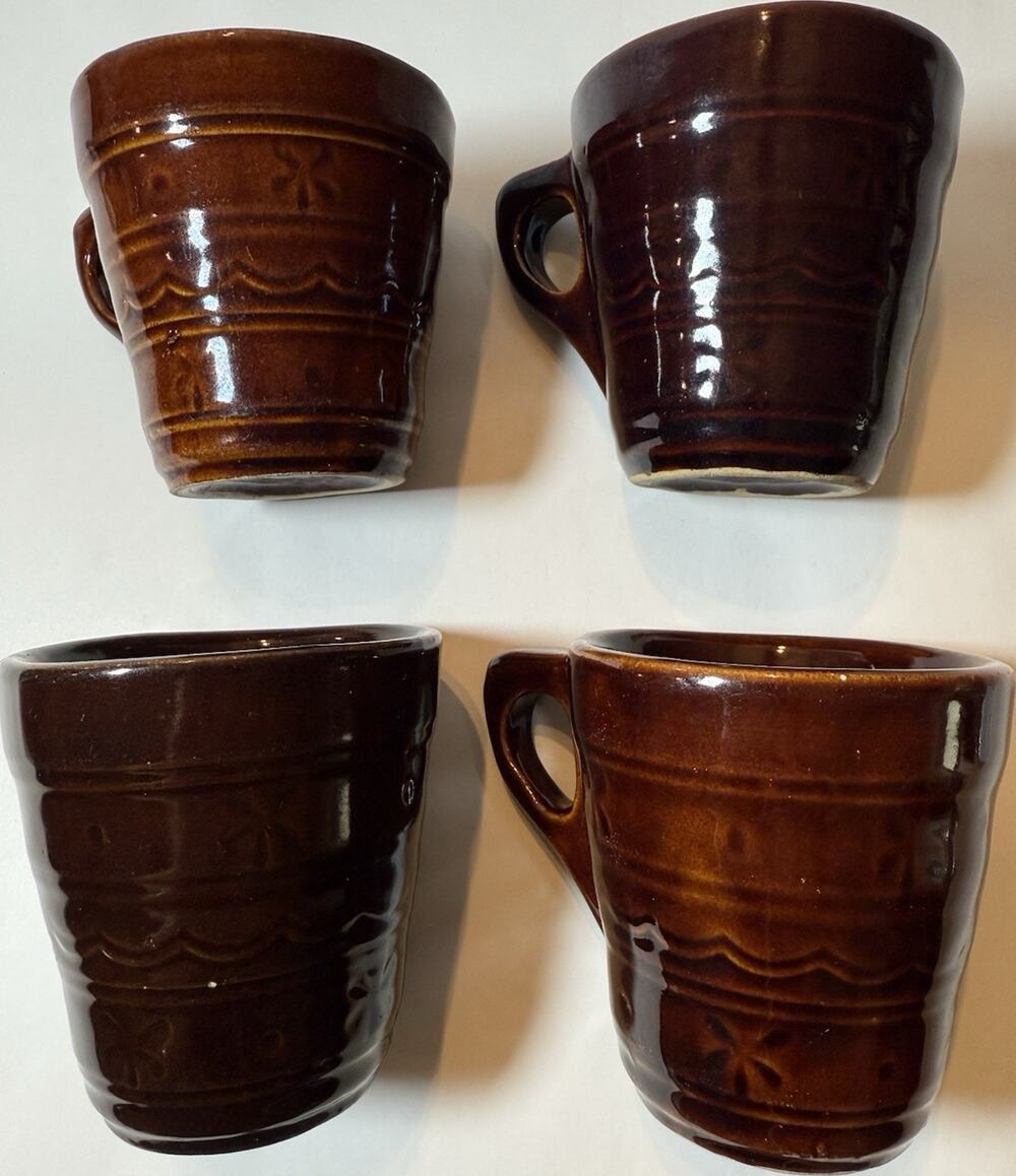 MARCREST STONEWARE Daisy Dot Coffee Mugs Tea Cups Brown Glaze-Set of 4